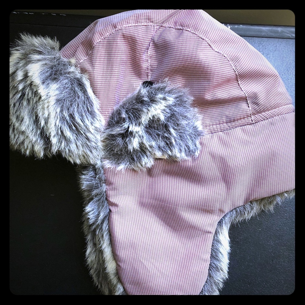 Men’s red and silver checkered furry winter hat